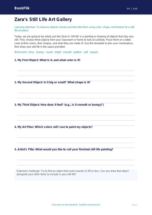 Free Still Life Template | Pre-K | Art | BookFlik worksheet preview — Art Still Life