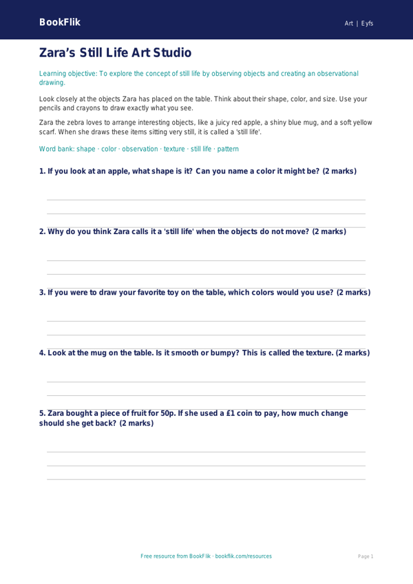 Free Still Life Worksheet | Pre-K | Art | BookFlik worksheet preview — Art Still Life