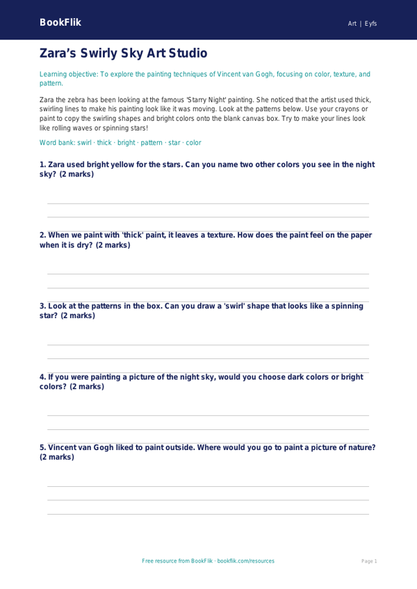 Free Van Gogh Activity Sheet | Pre-K | Art | BookFlik worksheet preview — Art Van Gogh