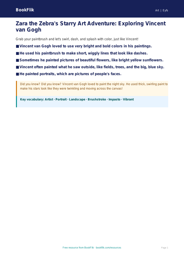 Free Van Gogh Poster | Pre-K | Art | BookFlik worksheet preview — Art Van Gogh
