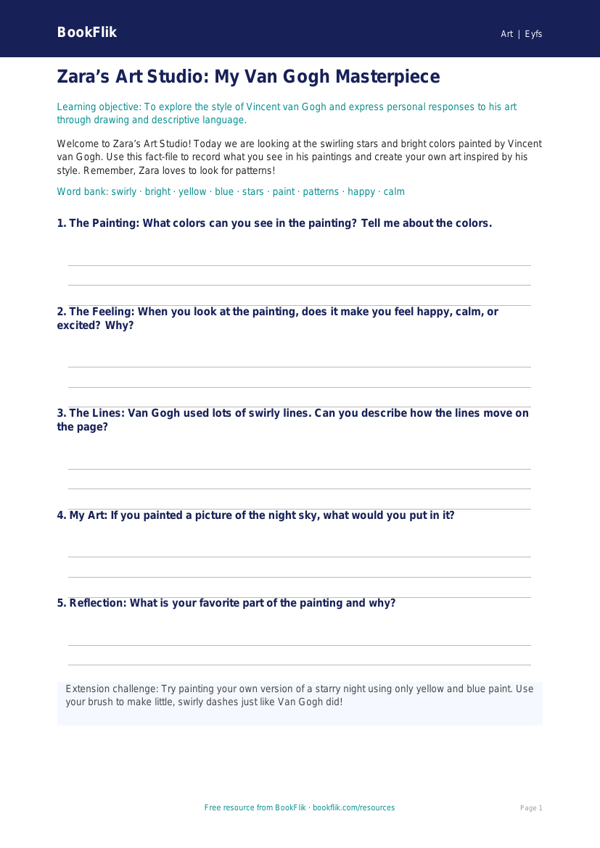 Free Van Gogh Template | Pre-K | Art | BookFlik worksheet preview — Art Van Gogh