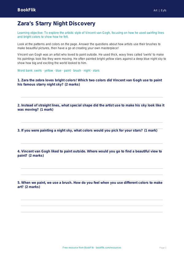 Free Van Gogh Worksheet | Pre-K | Art | BookFlik worksheet preview — Art Van Gogh