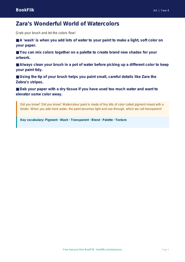 Free Watercolour Poster | Grade 3 | Art | BookFlik worksheet preview — Art Watercolour