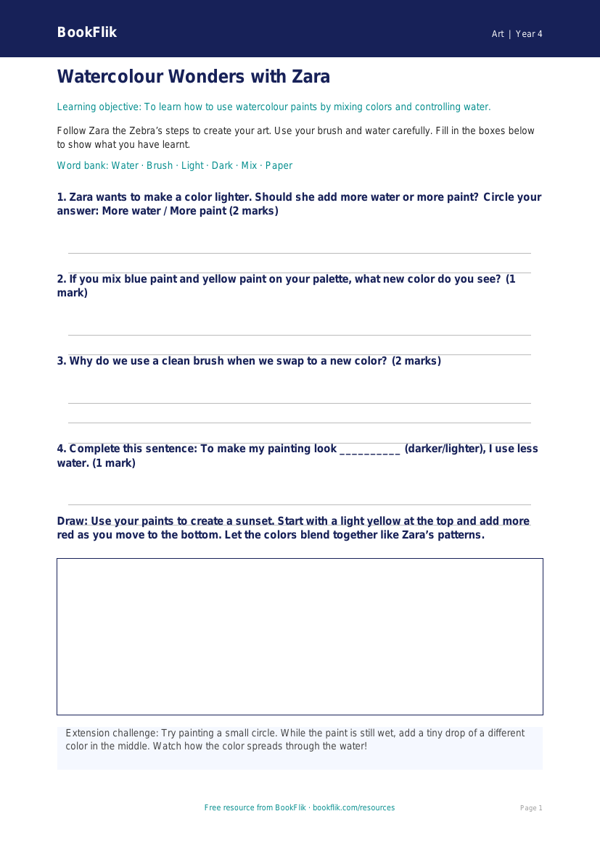 Free Watercolour Worksheet | Grade 3 | Art | BookFlik worksheet preview — Art Watercolour