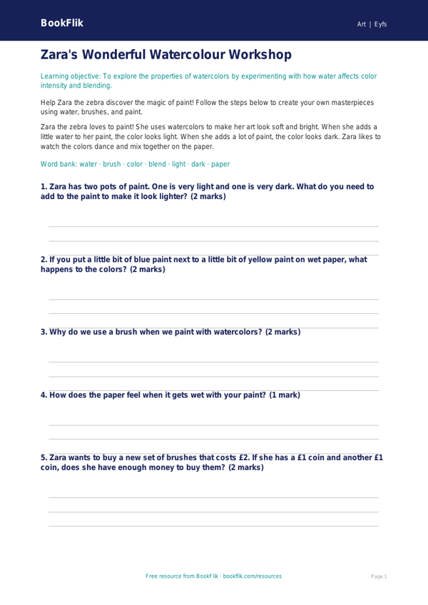 Free Watercolour Worksheet | Pre-K | Art | BookFlik worksheet preview — Art Watercolour