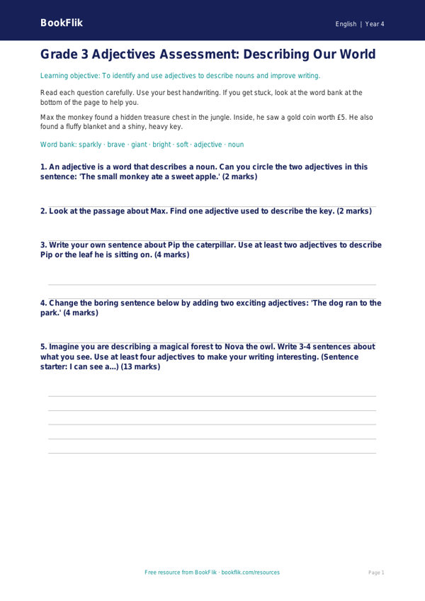 Free Adjectives Assessment | Grade 3 | ELA | BookFlik worksheet preview — English Adjectives