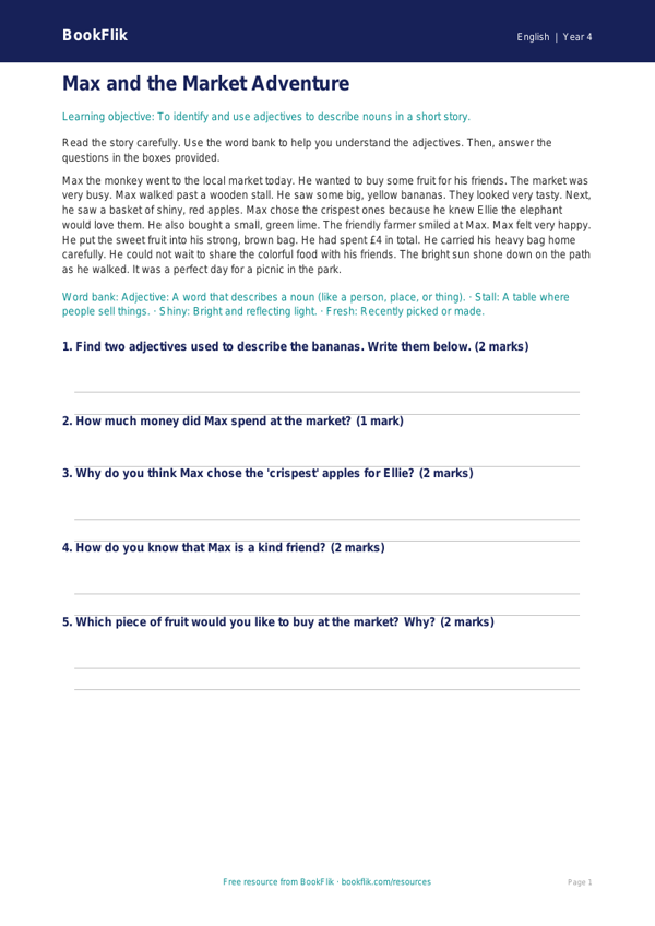 Free Adjectives Comprehension | Grade 3 | ELA | BookFlik worksheet preview — English Adjectives