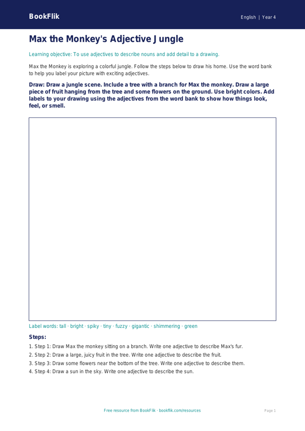 Free Adjectives Drawing Sheet | Grade 3 | ELA | BookFlik worksheet preview — English Adjectives