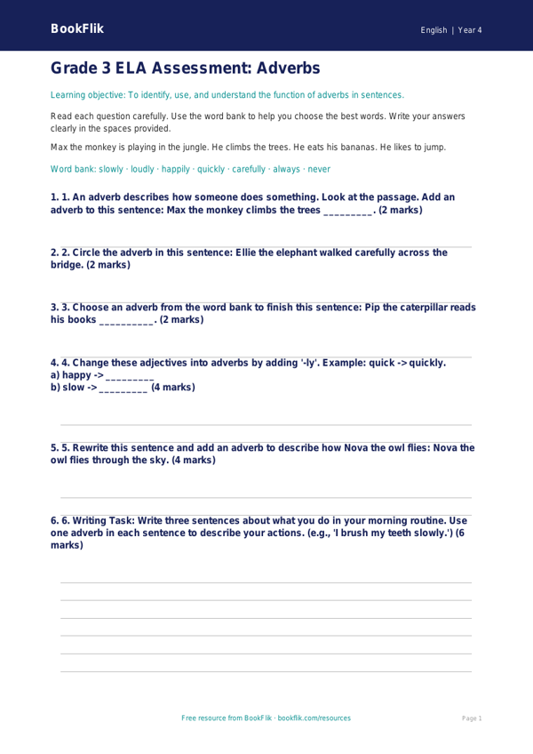 Free Adverbs Assessment | Grade 3 | ELA | BookFlik worksheet preview — English Adverbs