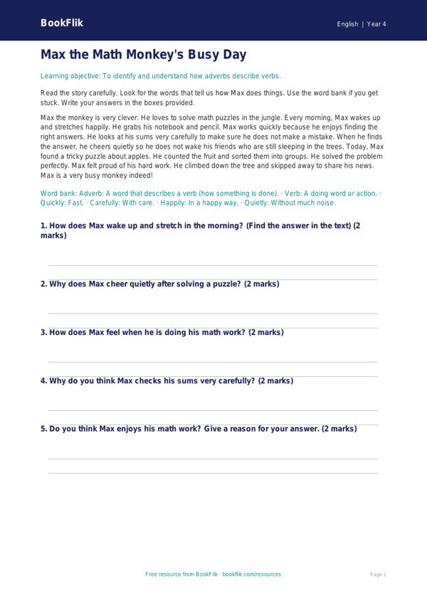 Free Adverbs Comprehension | Grade 3 | ELA | BookFlik worksheet preview — English Adverbs