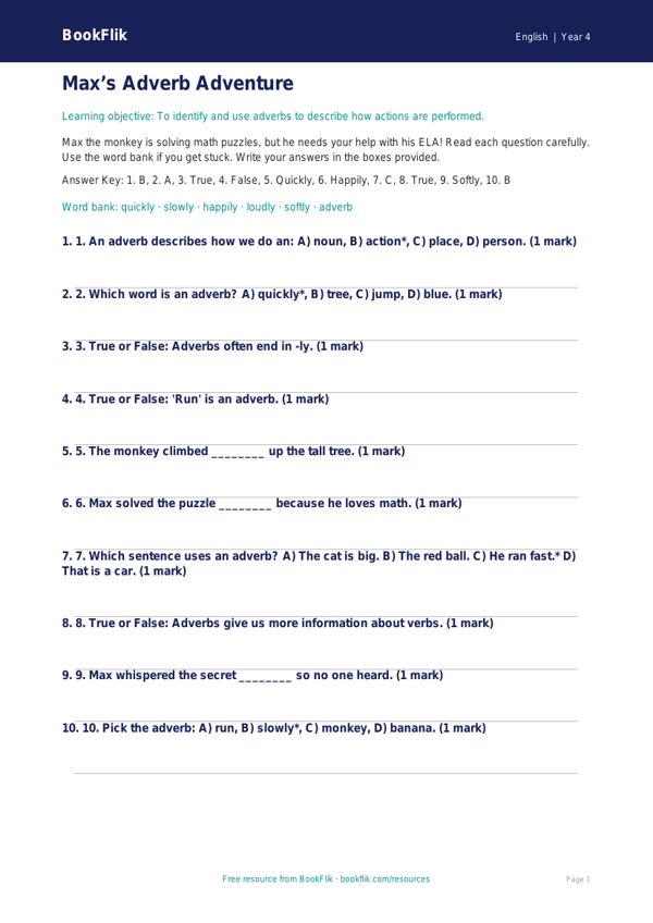 Free Adverbs Quiz | Grade 3 | ELA | BookFlik worksheet preview — English Adverbs