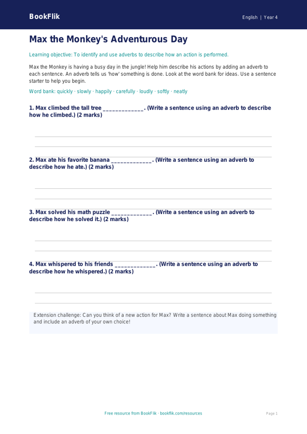 Free Adverbs Template | Grade 3 | ELA | BookFlik worksheet preview — English Adverbs