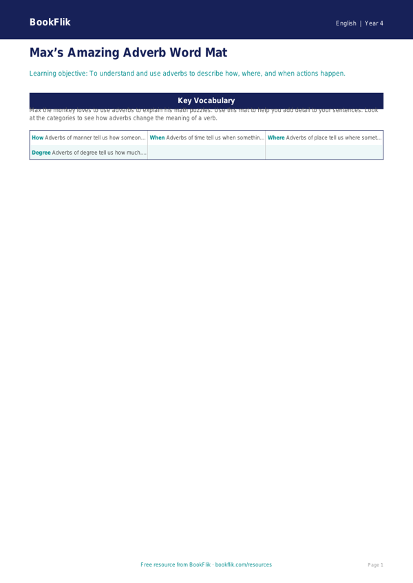 Free Adverbs Word Mat | Grade 3 | ELA | BookFlik worksheet preview — English Adverbs