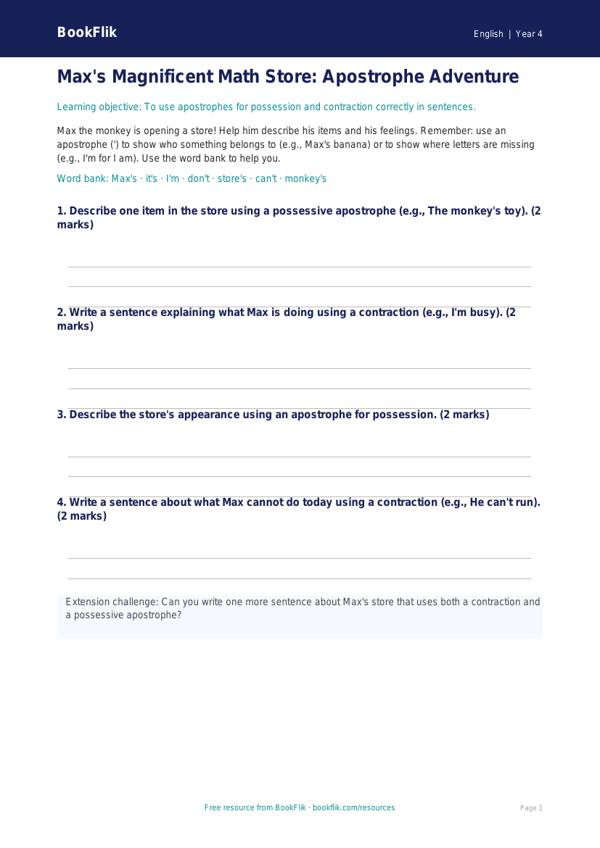 Free Apostrophes Template | Grade 3 | ELA | BookFlik worksheet preview — English Apostrophes