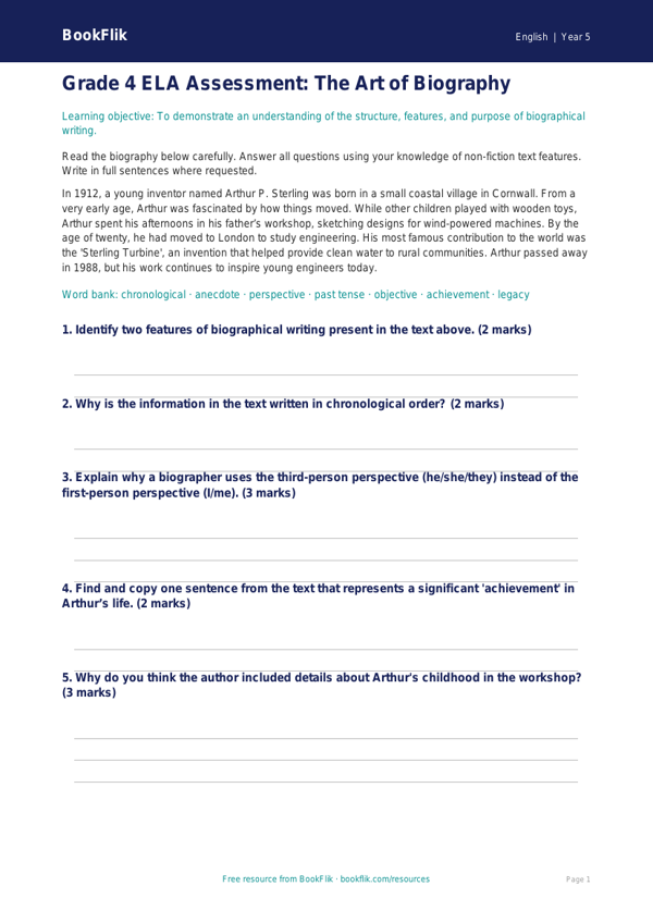Free Biography Assessment | Grade 4 | ELA | BookFlik worksheet preview — English Biography