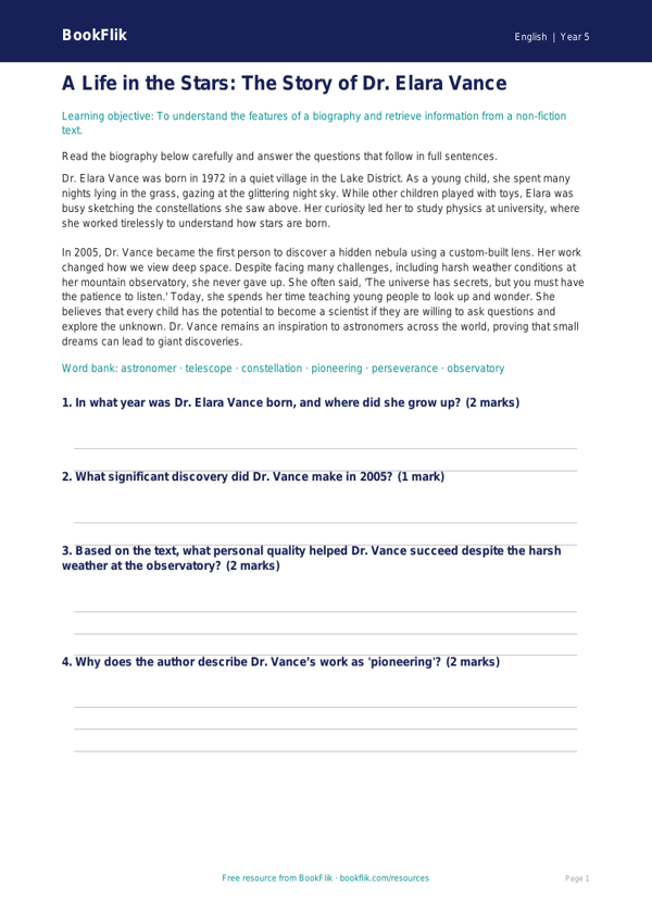 Free Biography Comprehension | Grade 4 | ELA | BookFlik worksheet preview — English Biography