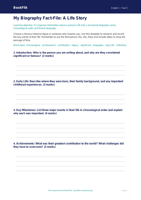 Free Biography Template for Grade 4 Students | BookFlik worksheet preview — English Biography