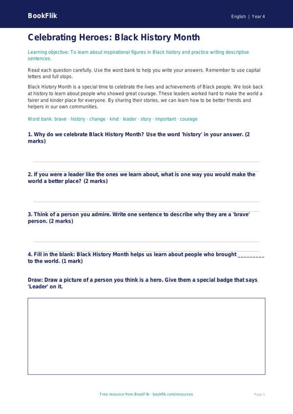 Free Black History Month Worksheet | Grade 3 | ELA | BookFlik worksheet preview — English Black History Month