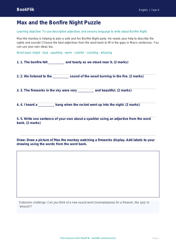 Free Bonfire Night Activity Sheet | Grade 3 | ELA | BookFlik worksheet preview — English Bonfire Night