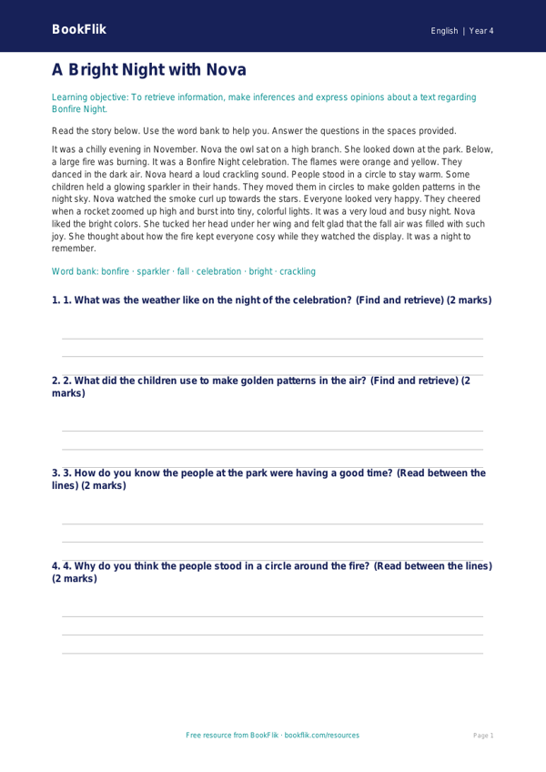 Free Bonfire Night Comprehension | Grade 3 | ELA | BookFlik worksheet preview — English Bonfire Night