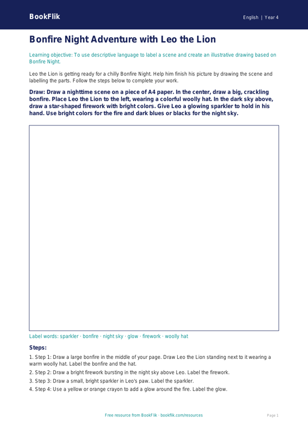 Free Bonfire Night Drawing Sheet | Grade 3 | ELA | BookFlik worksheet preview — English Bonfire Night
