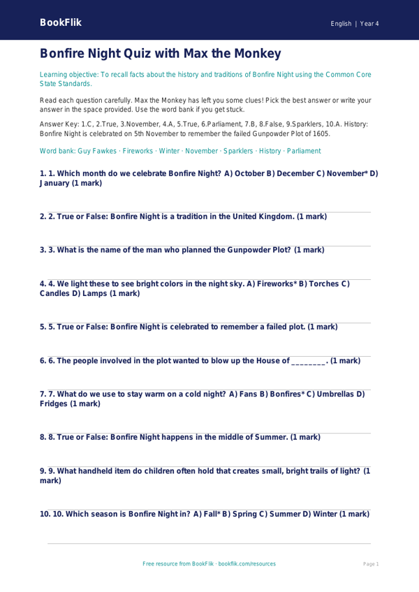 Bonfire Night Quiz for Grade 3 | Free ELA Worksheet | BookFlik worksheet preview — English Bonfire Night
