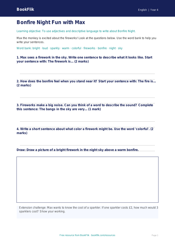 Free Bonfire Night Worksheet | Grade 3 | ELA | BookFlik worksheet preview — English Bonfire Night