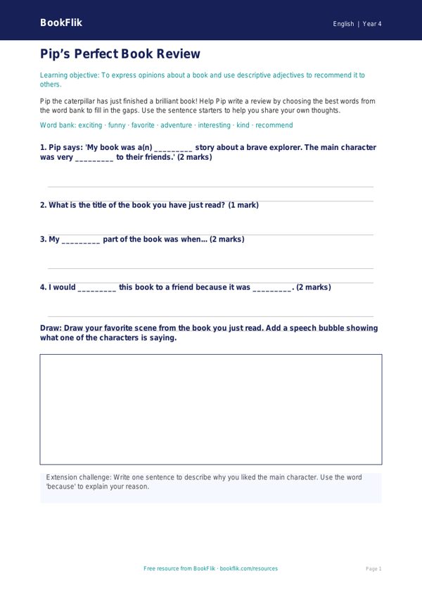 Free Book Review Activity Sheet | Grade 3 | ELA | BookFlik worksheet preview — English Book Review