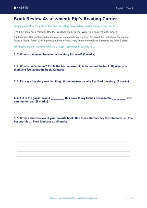 Free Book Review Assessment | Grade 3 | ELA | BookFlik worksheet preview — English Book Review