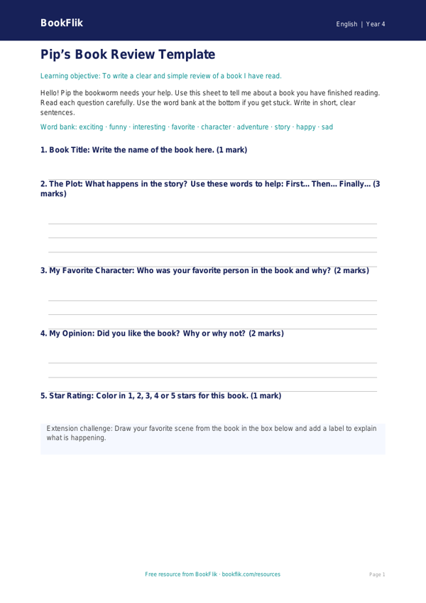 Free Book Review Template | Grade 3 | ELA | BookFlik worksheet preview — English Book Review