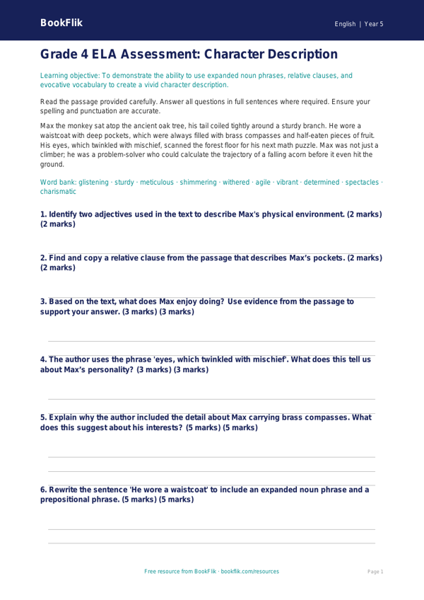 Free Character Description Assessment | Grade 4 | ELA | BookFlik worksheet preview — English Character Description