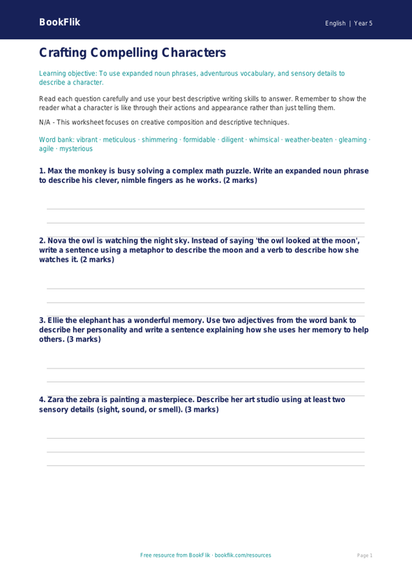 Free Character Description Worksheet | Grade 4 | ELA | BookFlik worksheet preview — English Character Description