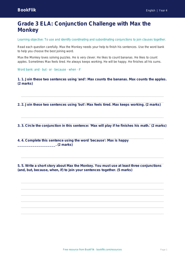 Free Conjunctions Assessment | Grade 3 | ELA | BookFlik worksheet preview — English Conjunctions