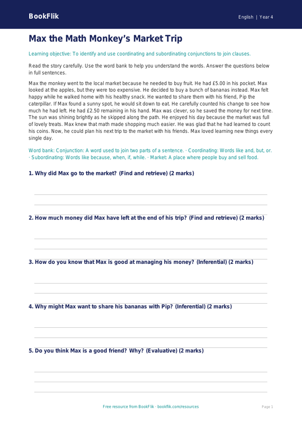 Free Conjunctions Comprehension | Grade 3 | ELA | BookFlik worksheet preview — English Conjunctions