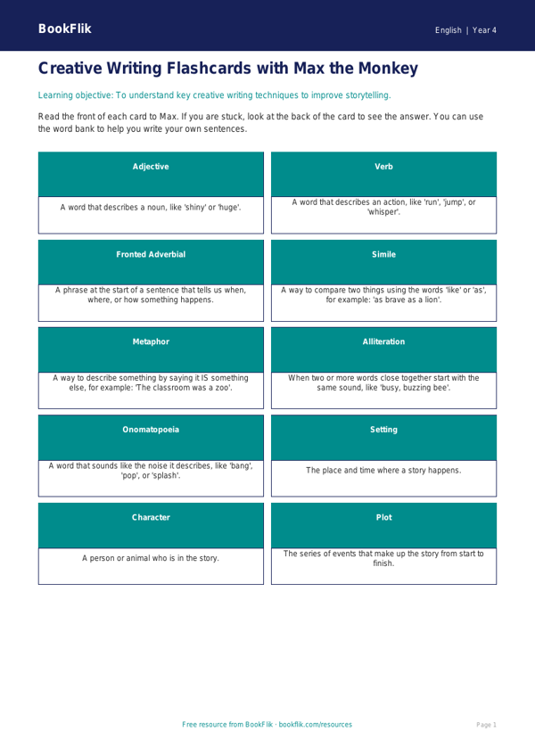 Free Creative Writing Flashcards | Grade 3 | ELA | BookFlik worksheet preview — English Creative Writing