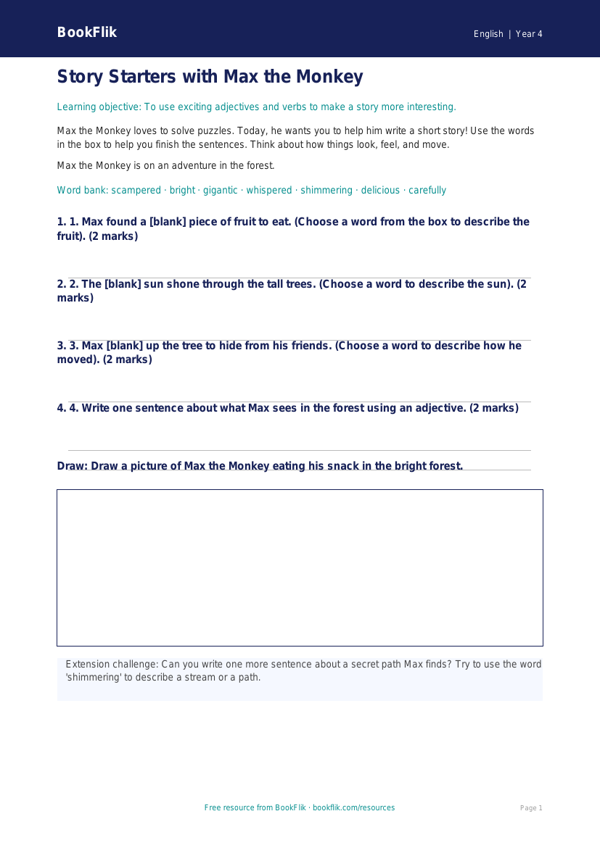 Free Creative Writing Worksheet | Grade 3 | ELA | BookFlik worksheet preview — English Creative Writing
