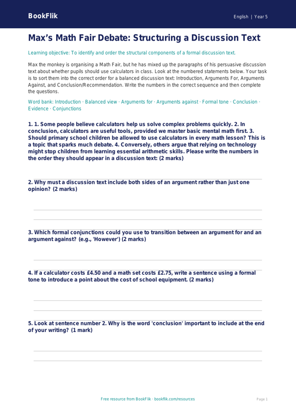 Free Discussion Texts Activity Sheet | Grade 4 | ELA | BookFlik worksheet preview — English Discussion Texts