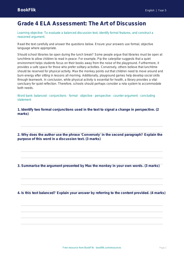 Free Discussion Texts Assessment | Grade 4 | ELA | BookFlik worksheet preview — English Discussion Texts