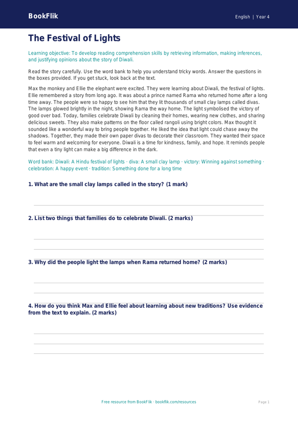 Free Diwali Story Comprehension | Grade 3 | ELA | BookFlik worksheet preview — English Diwali Story