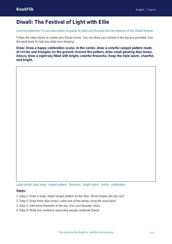 Free Diwali Story Drawing Sheet | Grade 3 | ELA | BookFlik worksheet preview — English Diwali Story