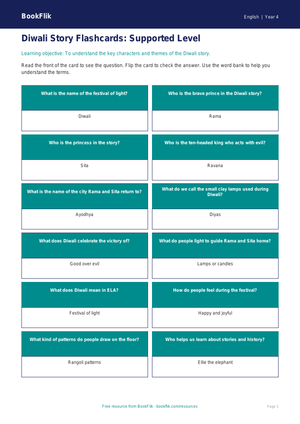 Free Diwali Story Flashcards | Grade 3 | ELA | BookFlik worksheet preview — English Diwali Story