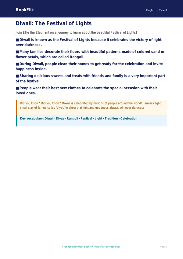 Free Diwali Story Poster | Grade 3 | ELA | BookFlik worksheet preview — English Diwali Story