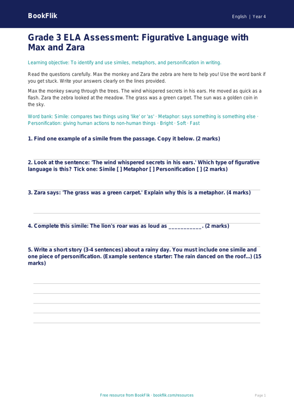 Free Figurative Language Assessment | Grade 3 | ELA | BookFlik worksheet preview — English Figurative Language
