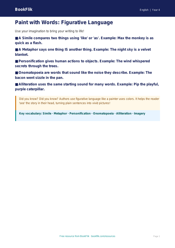 Free Figurative Language Poster | Grade 3 | ELA | BookFlik worksheet preview — English Figurative Language