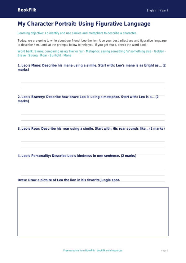 Free Figurative Language Template | Grade 3 | ELA | BookFlik worksheet preview — English Figurative Language