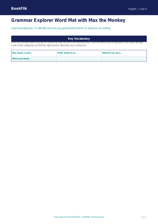 Free Grammar Word Mat | Grade 3 | ELA | BookFlik worksheet preview — English Grammar
