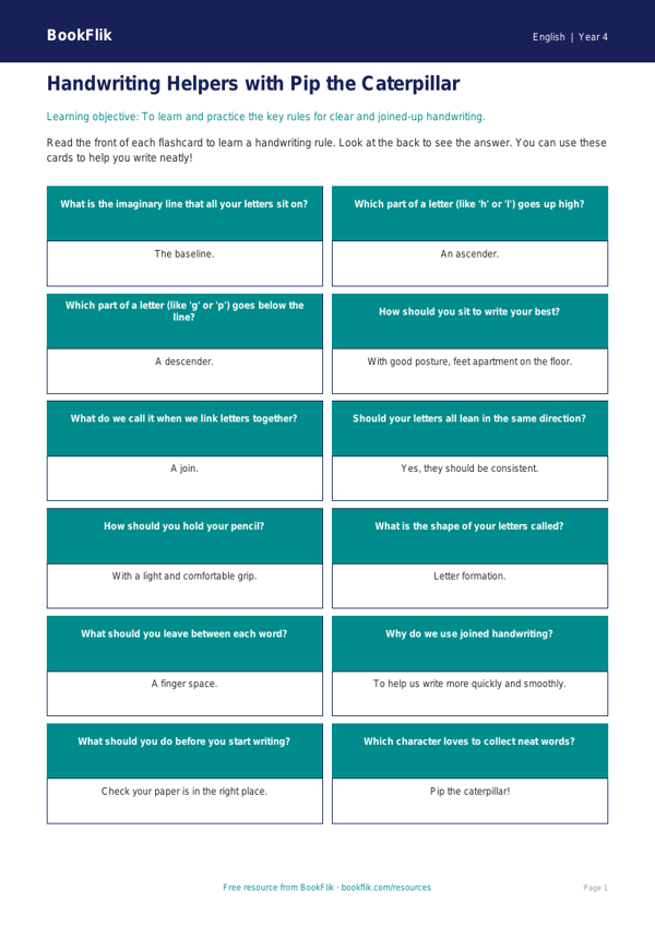 Free Handwriting Flashcards | Grade 3 | ELA | BookFlik worksheet preview — English Handwriting