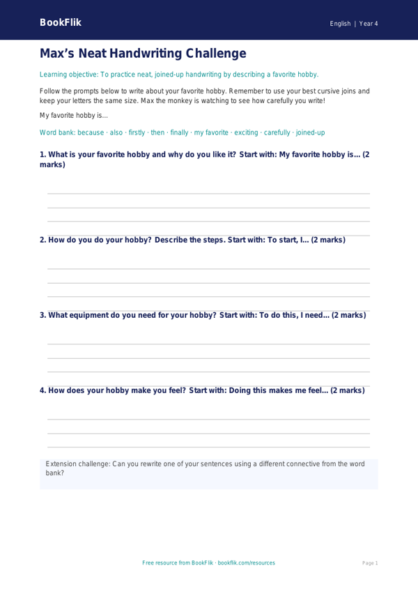 Free Handwriting Writing Frame | Grade 3 | ELA | BookFlik worksheet preview — English Handwriting