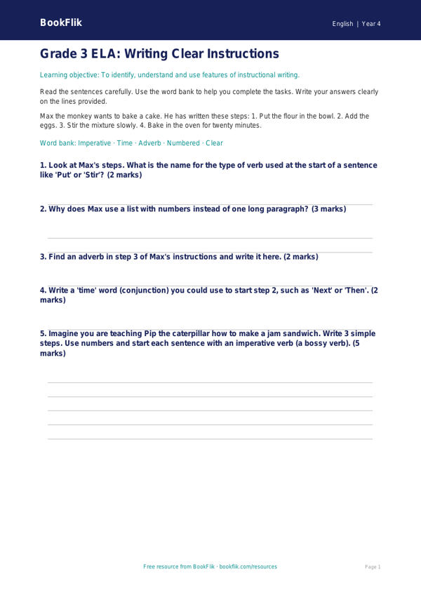 Free Instructions Assessment | Grade 3 | ELA | BookFlik worksheet preview — English Instructions