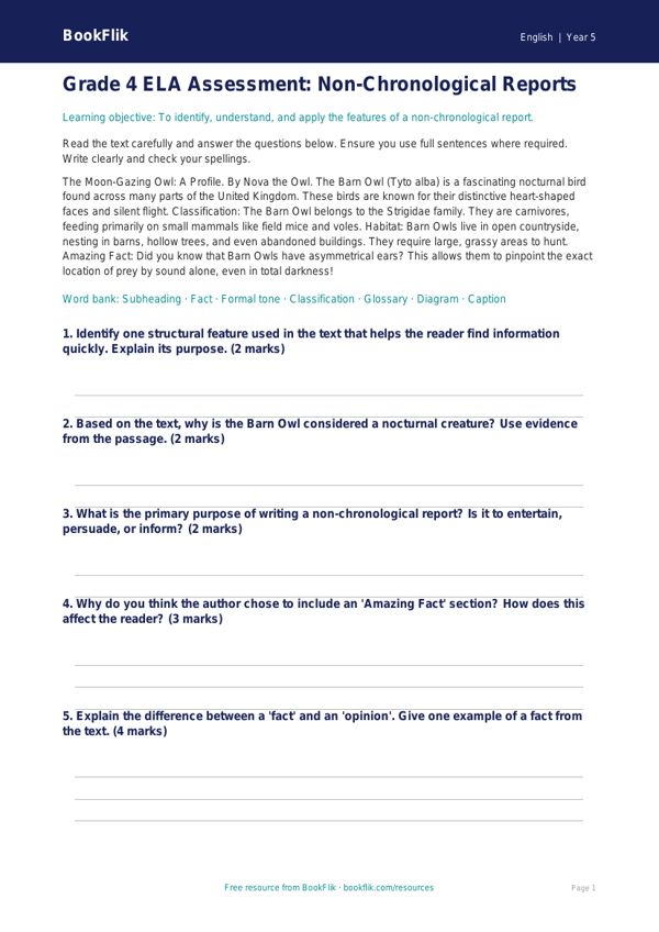 Free Non Chronological Reports Assessment | Grade 4 | ELA | BookFlik worksheet preview — English Non Chronological Reports